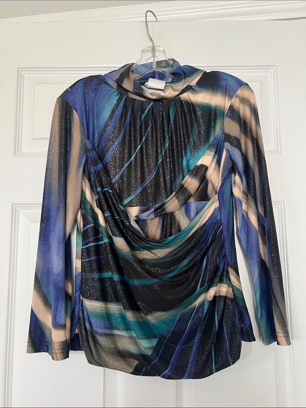 Glitter-Accented Draped Cowl Long Sleeve Top in Blue Multi